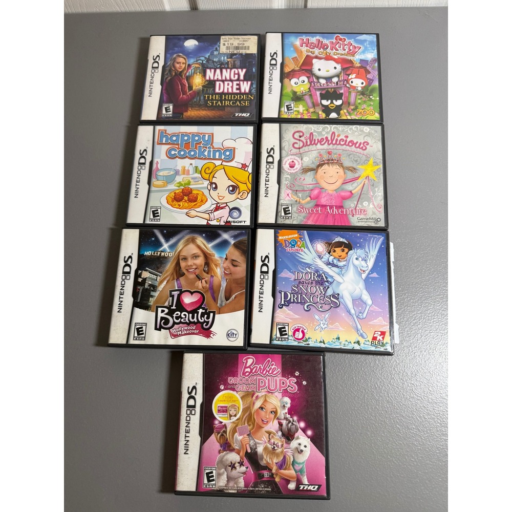 Nintendo DS Game Lot 7 Barbie Dora Hello Kitty Nancy Drew Silverlicious Manuals